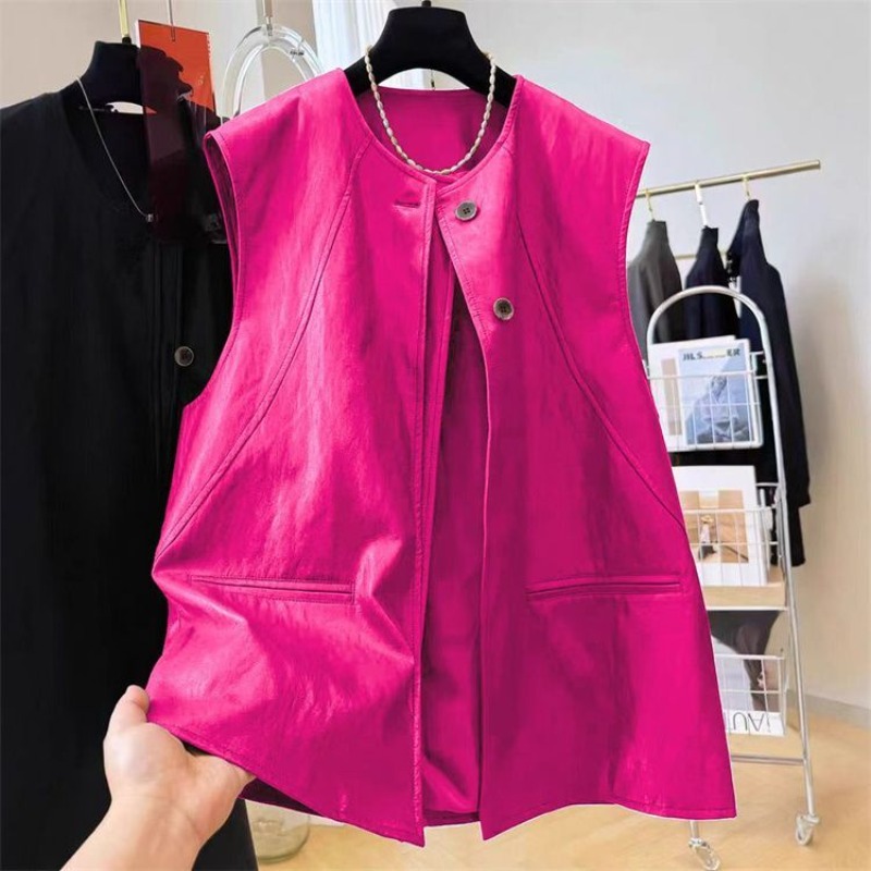 Women'S Fashion Petite - Black Leather Sleeveless Jacket Slimming Versatile