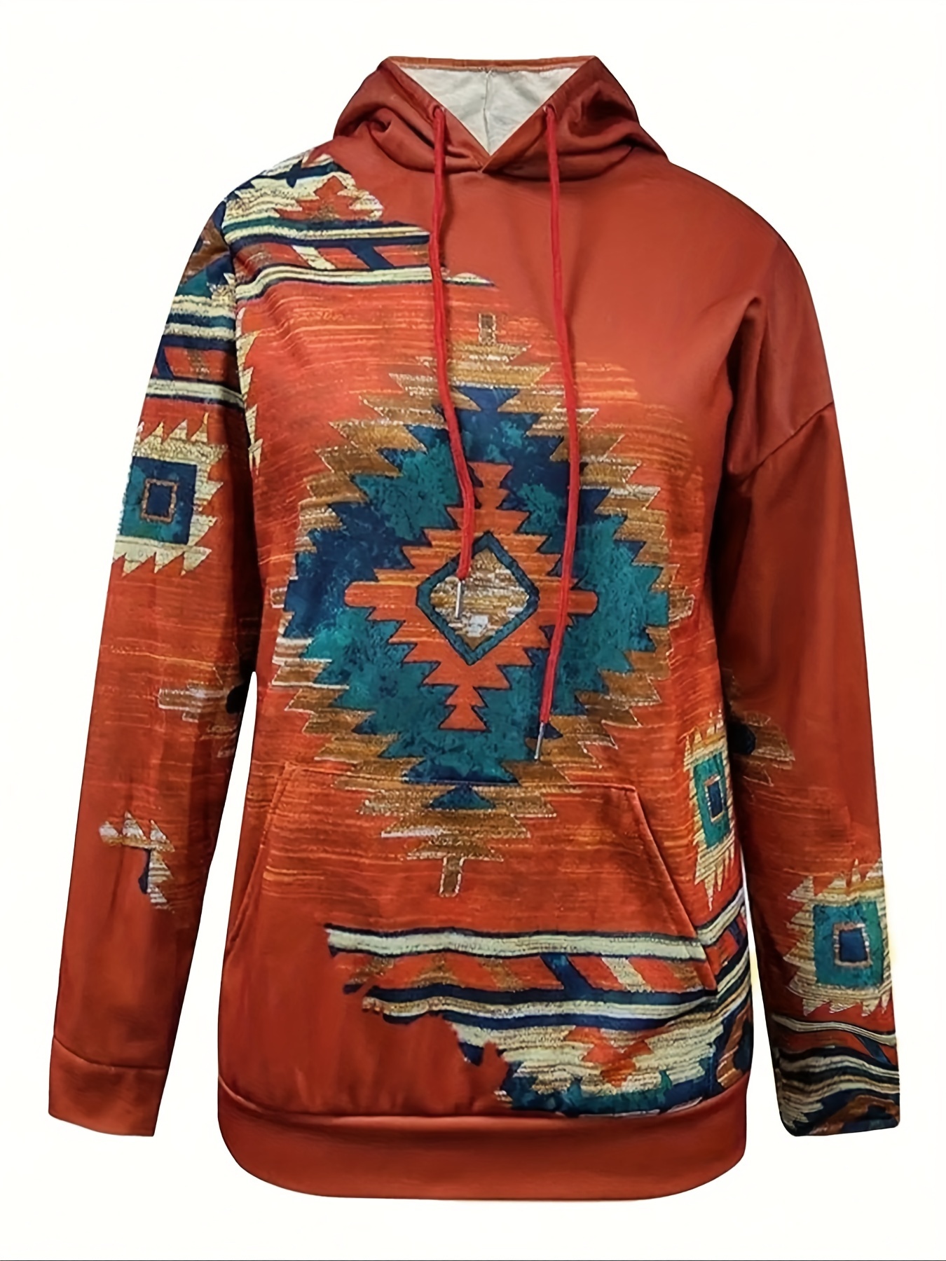 Hoodie Women Oversized - Women Plus Size Rust Western Aztec
