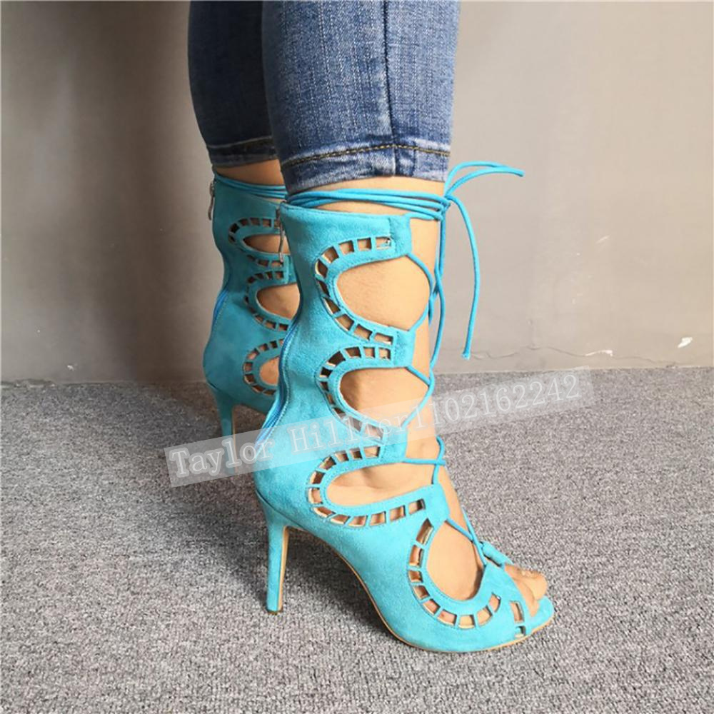 Women'S Fashion Leather Boots - Blue Open-Toe Criss-Cross Strap Sandals Women'S