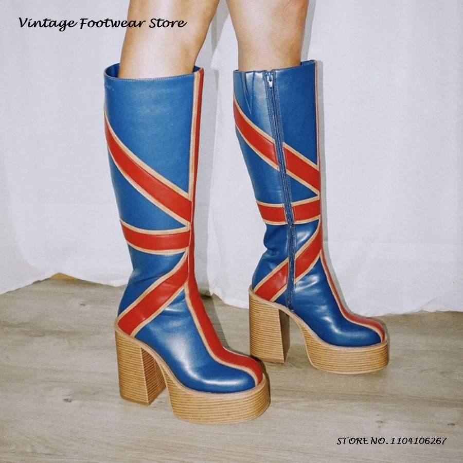 Women'S Fashion Leather Boots - Patchwork Leather Platfrom Knee Boots British
