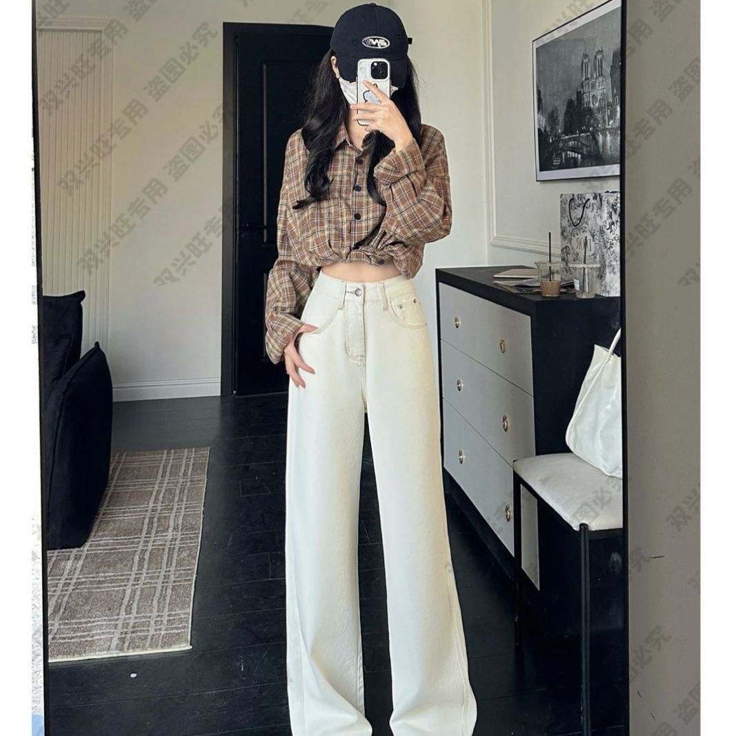 Women'S Fashion Petite - Beige high-waisted wide-leg jeans, new spring/autumn