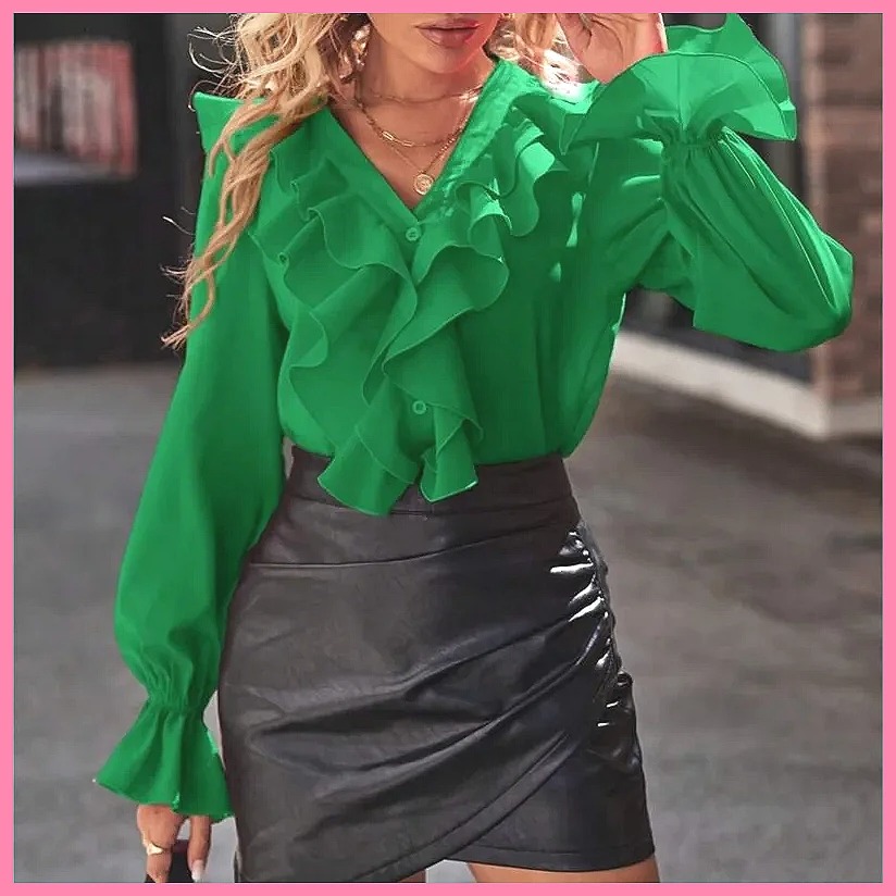 Women Top Fashion - 2025 Fashion V-Neck Ruffle Flare Sleeve