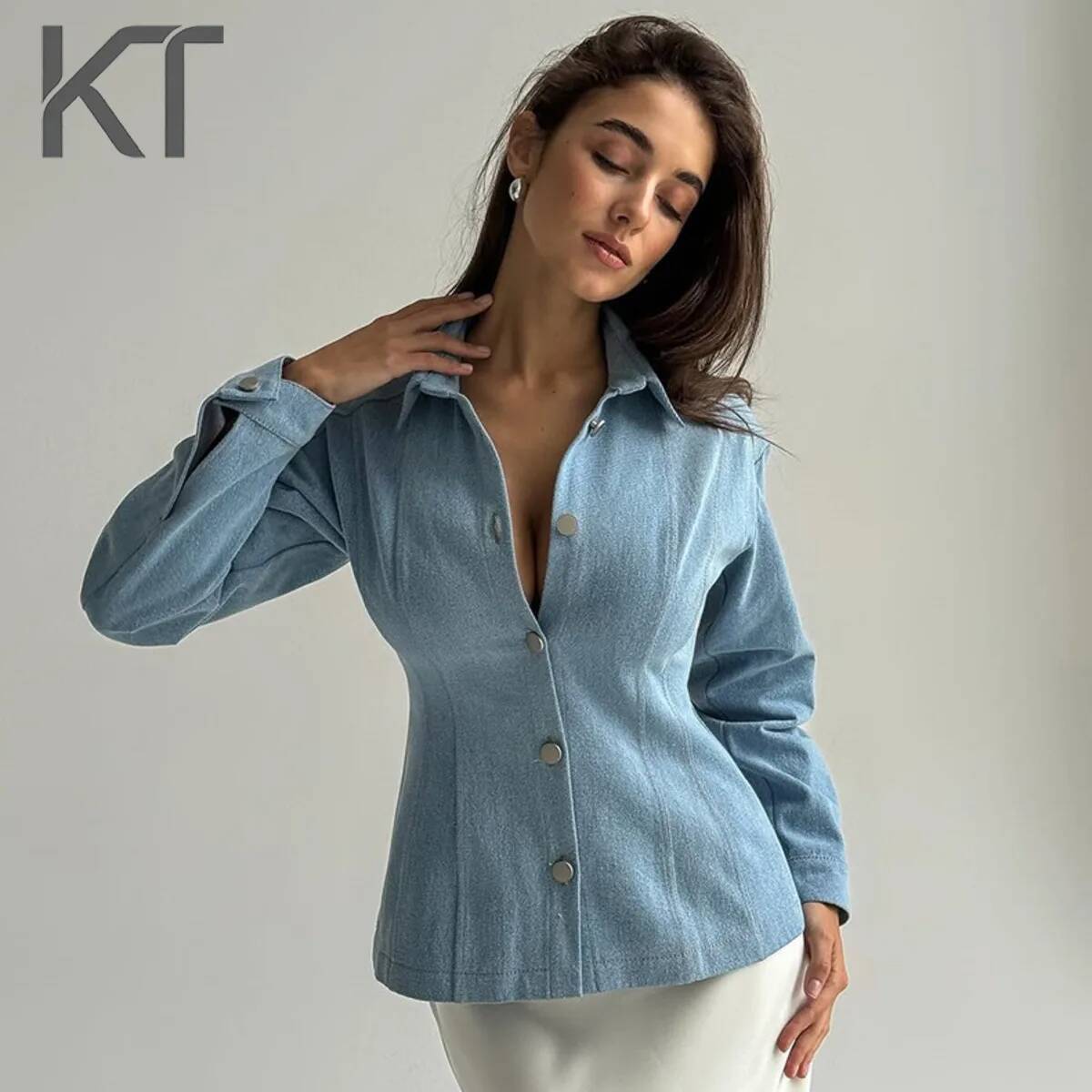 Women Fashion Wear - KT Vintage Waist Cinching Denim Shirt