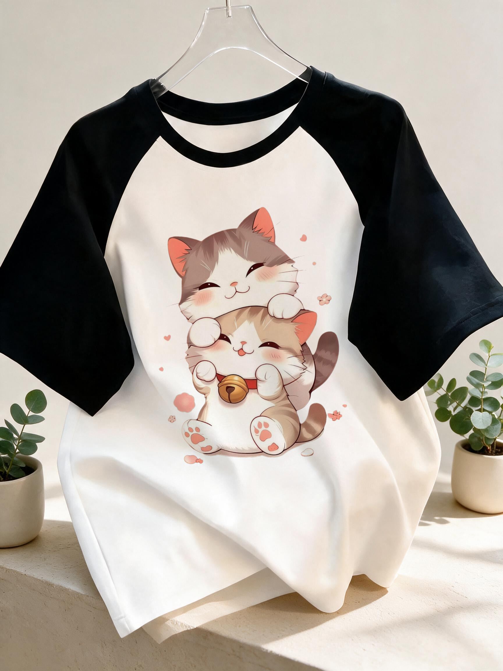 Women'S Fashion From The 90S - Cute Cartoon Cat Black Short Sleeve