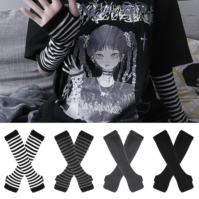 Women Fashion Gloves - Women Long Sleeve Gothic Striped Fingerless