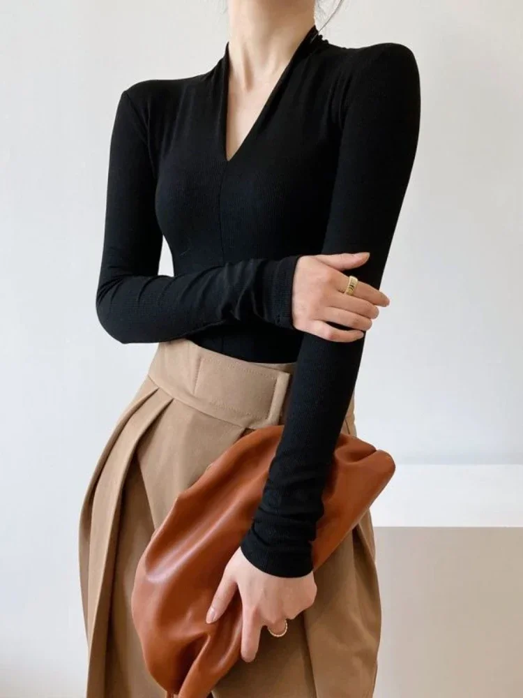 V-neck Slim Shirts Long Sleeve - Women Top Fashion 评论和价格