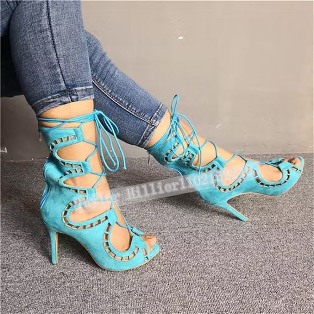 Blue Open-Toe Criss-Cross Stra - Women'S Fashion Leather Boots 评论和价格