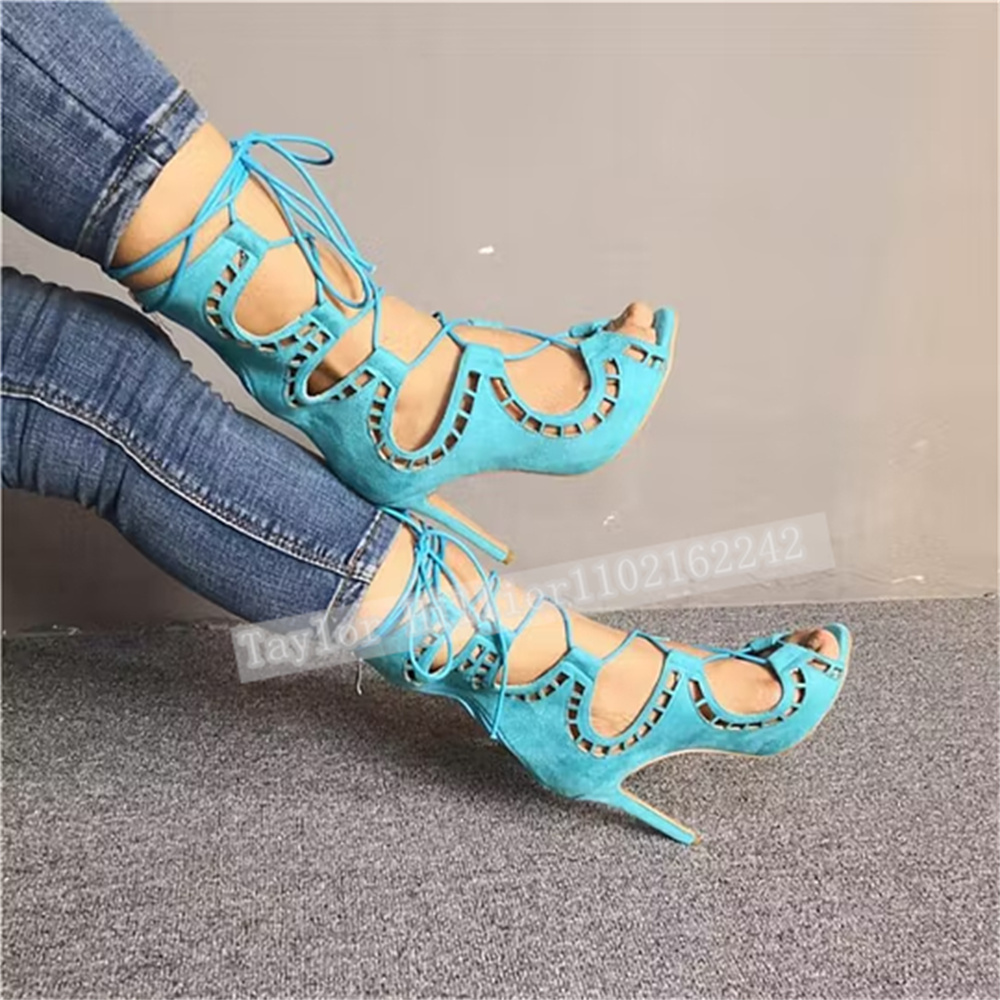 Blue Open-Toe Criss-Cross Stra - Women'S Fashion Leather Boots 评论和价格