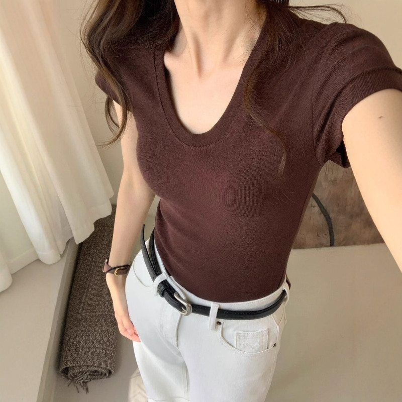 U-Neck Shoulder Short Sleeve T - Women Fashion Blouse 评论和价格