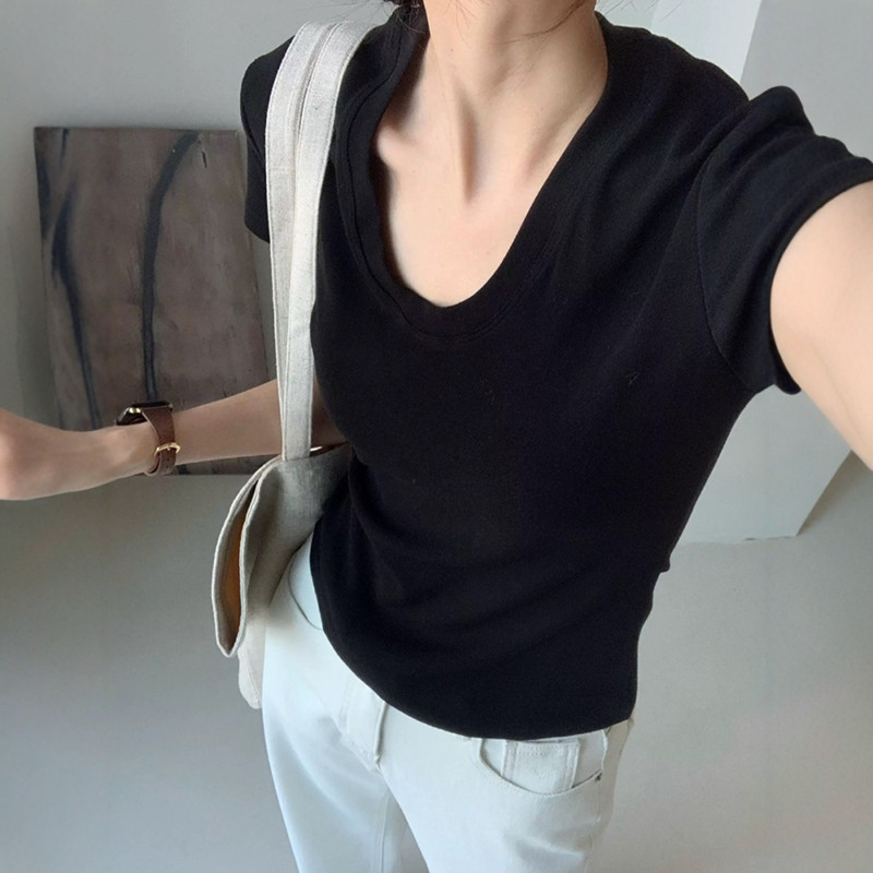 U-Neck Shoulder Short Sleeve T - Women Fashion Blouse 评论和价格