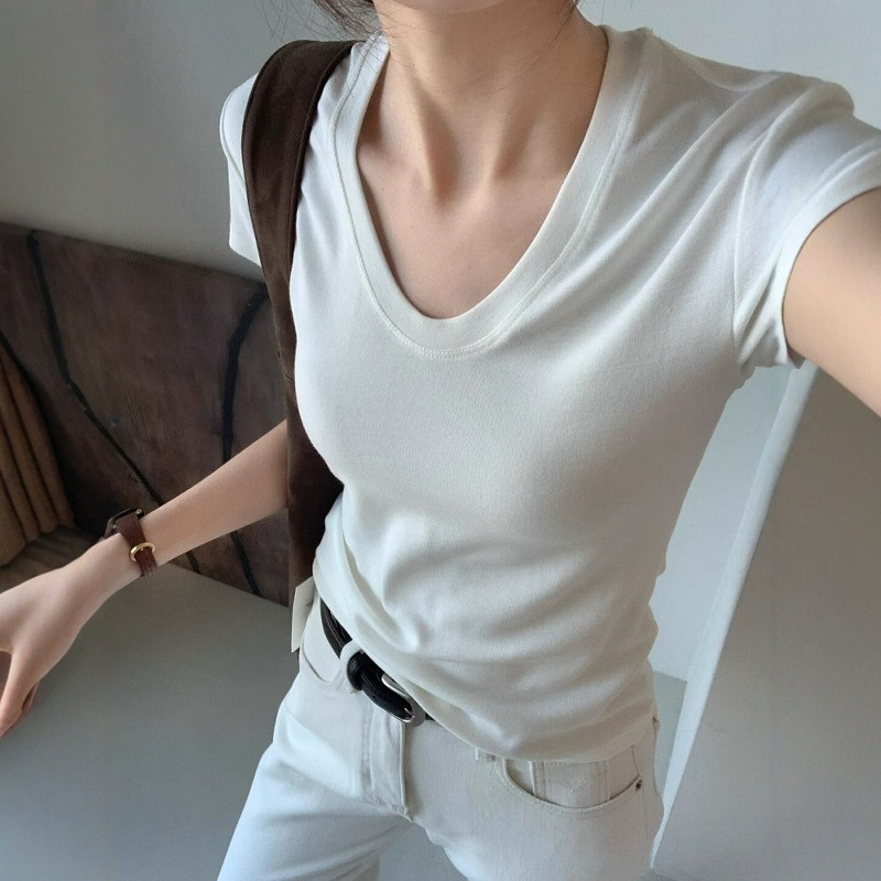 U-Neck Shoulder Short Sleeve T - Women Fashion Blouse 评论和价格