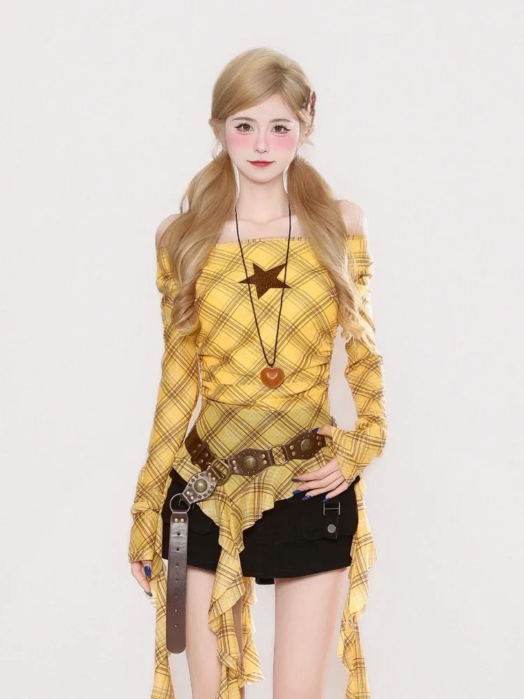 Y2K Plaid Slash Neck Vintage T - Women Top Fashion 评论和价格