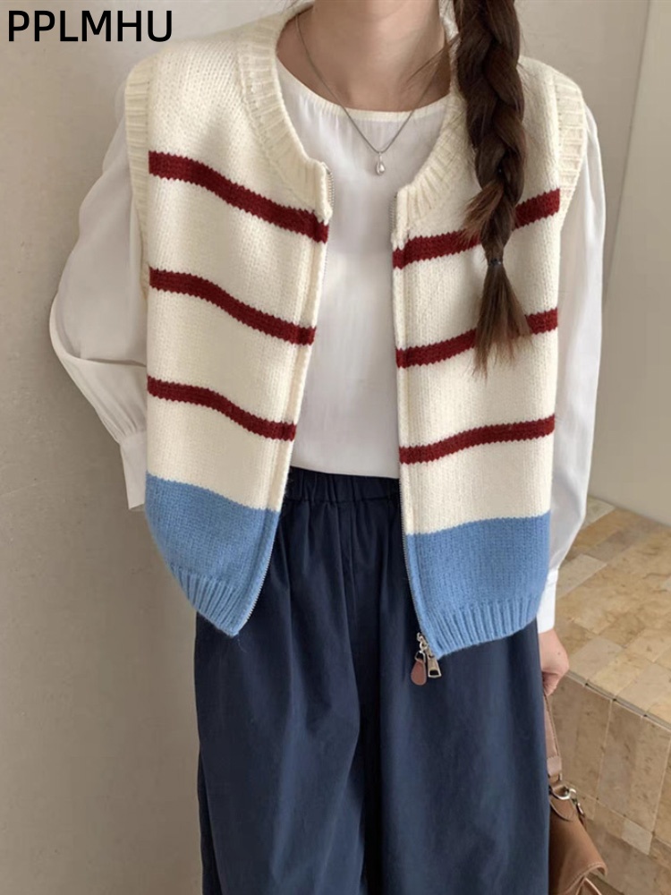 Striped Zipper Cardigan Knitte - Women'S Fashion Gilet 评论和价格