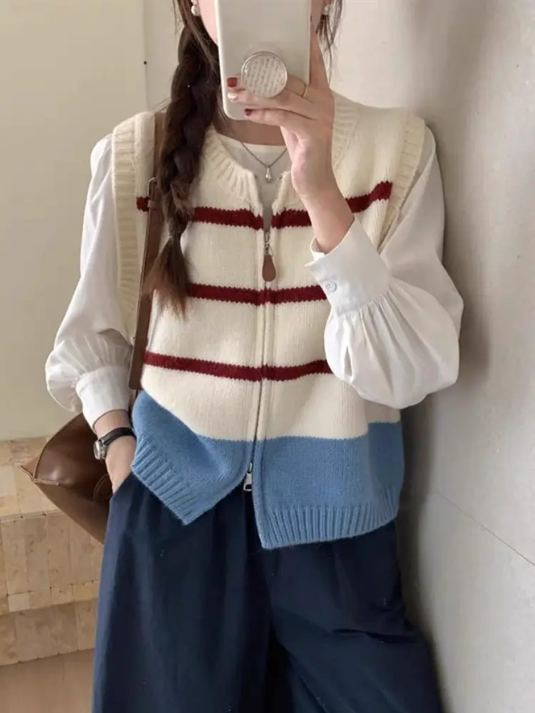 Striped Zipper Cardigan Knitte - Women'S Fashion Gilet 评论和价格
