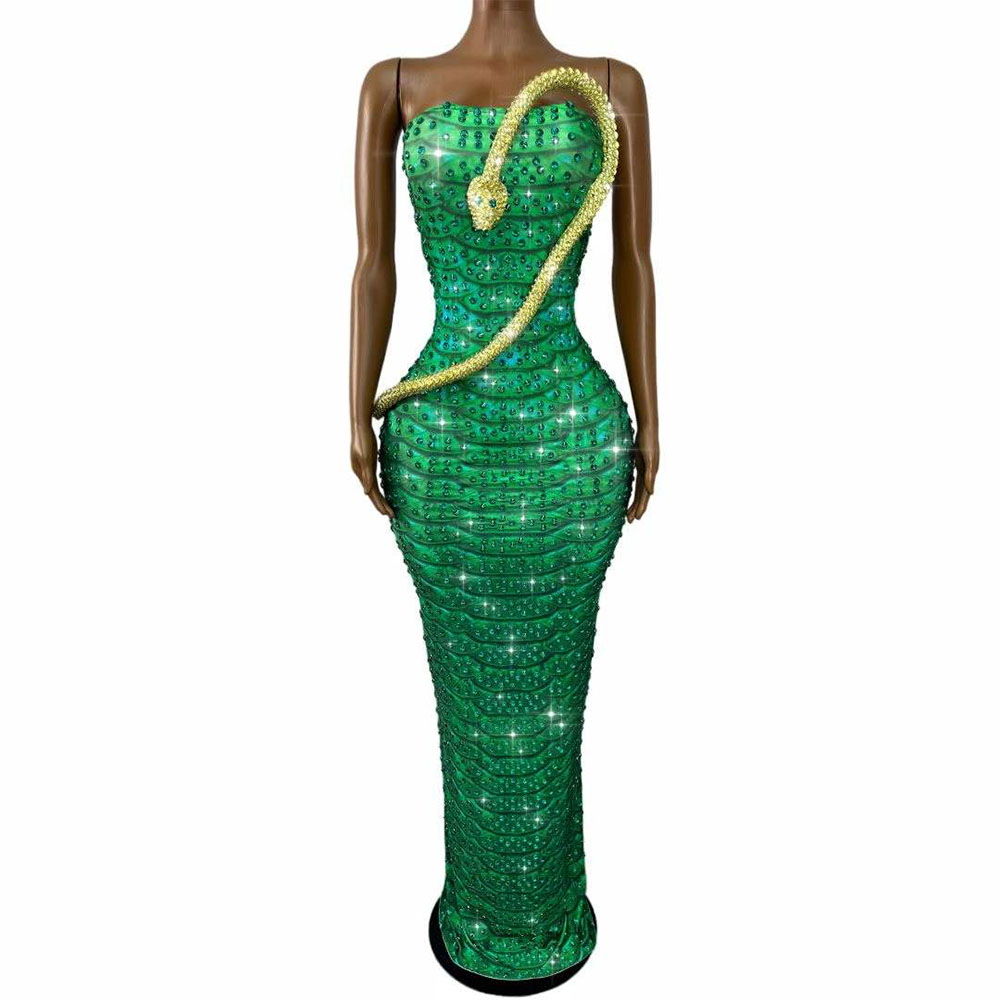 Sparkly Green Rhinestones Snak - Women Fashion Designer Dresses Photos 评论和价格