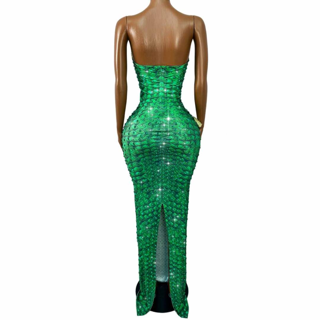 Sparkly Green Rhinestones Snak - Women Fashion Designer Dresses Photos 评论和价格