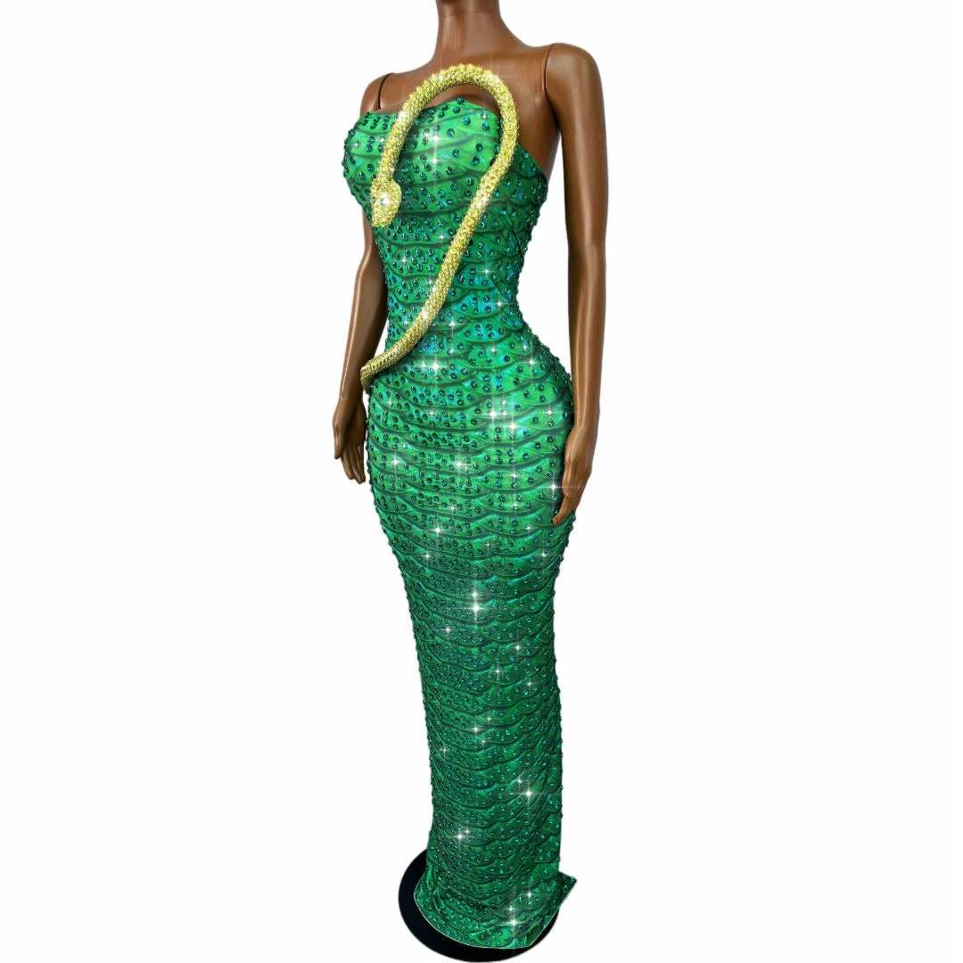 Sparkly Green Rhinestones Snak - Women Fashion Designer Dresses Photos 评论和价格