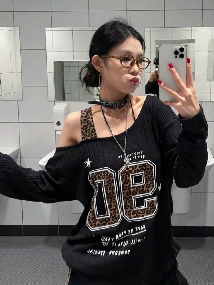 Y2K Patchwork Leopard Print T- - Women Top Fashion 评论和价格