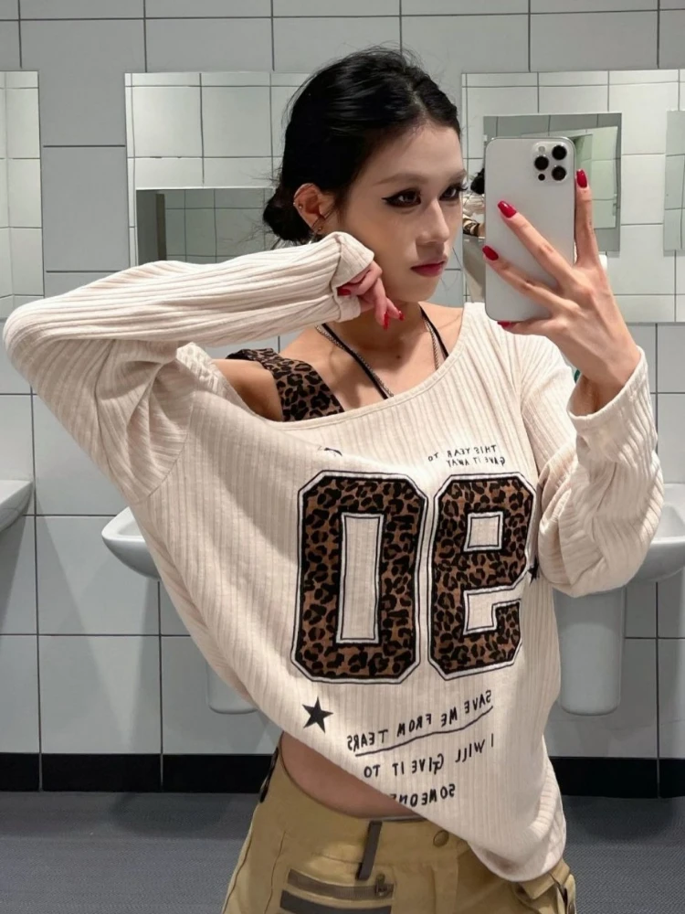 Y2K Patchwork Leopard Print T- - Women Top Fashion 评论和价格