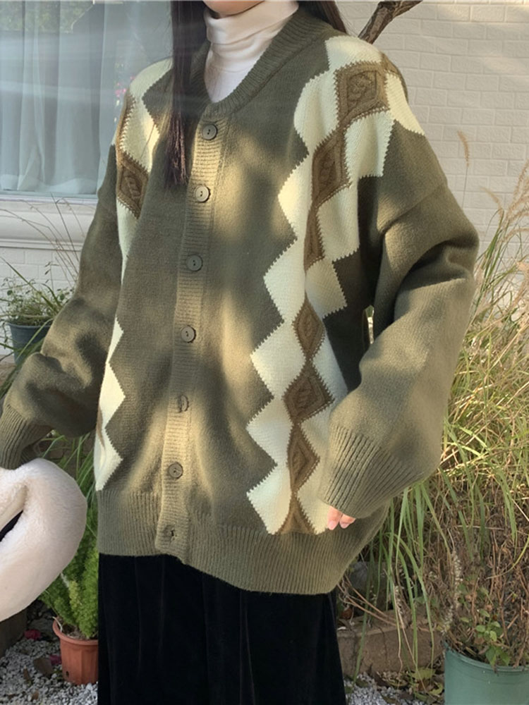 Baggy Fashion Diamond Grid Kni - Women'S Fashion Gilet 评论和价格
