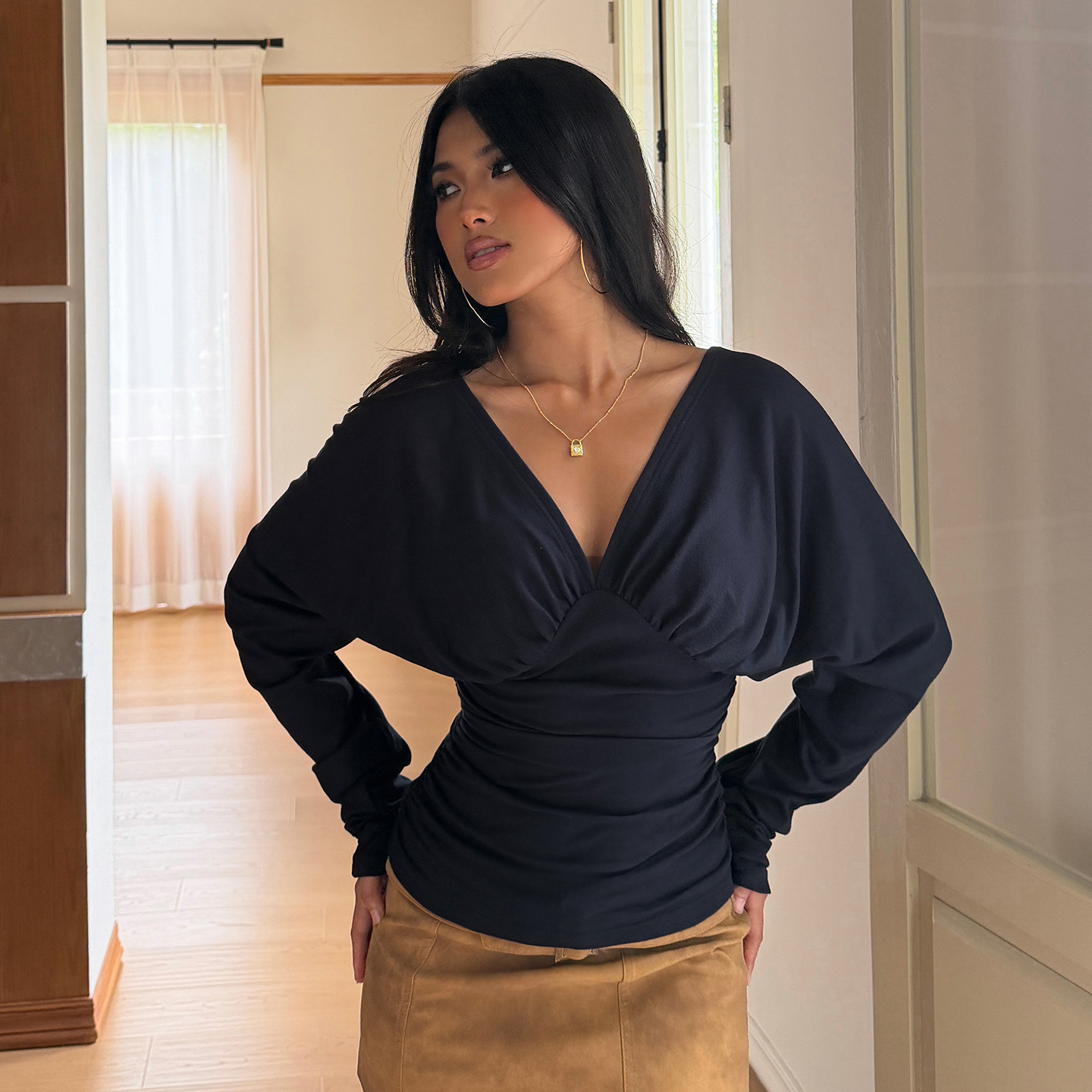 Elegant V Neck Tops Solid T Sh - Women Fashion Blouse 评论和价格