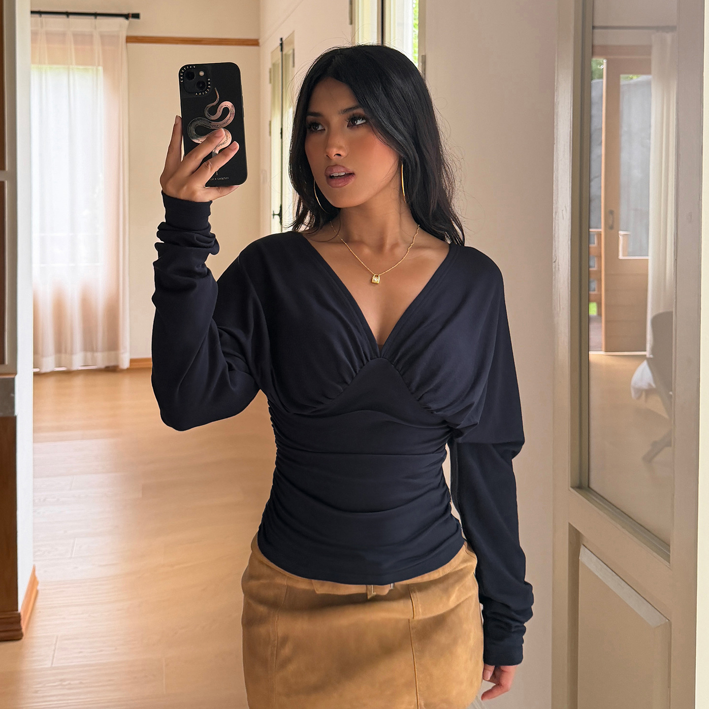 Elegant V Neck Tops Solid T Sh - Women Fashion Blouse 评论和价格