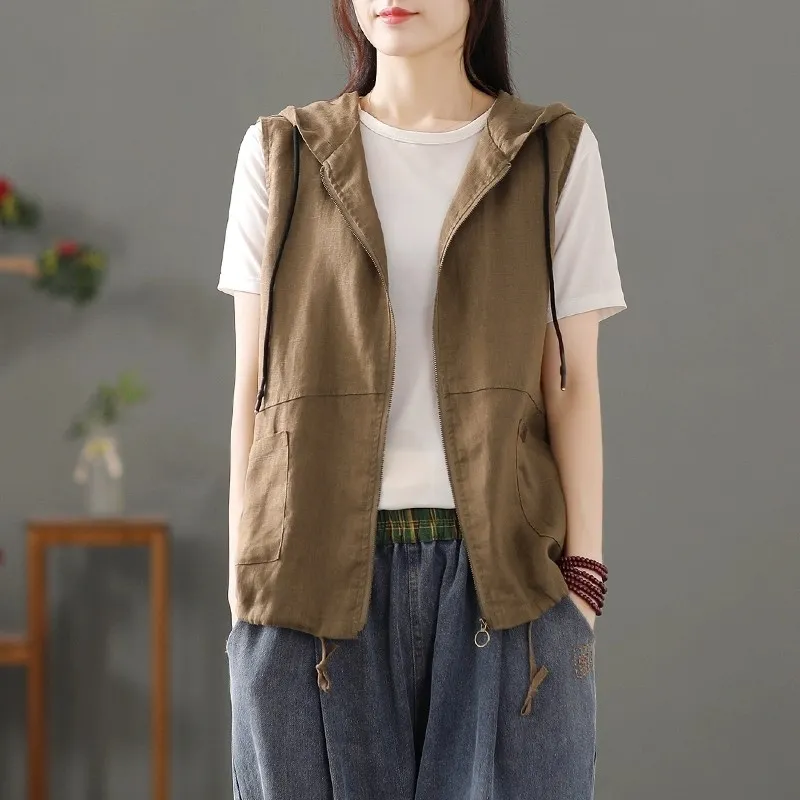 Womens White Linen Blend Hoode - Women'S Fashion Gilet 评论和价格