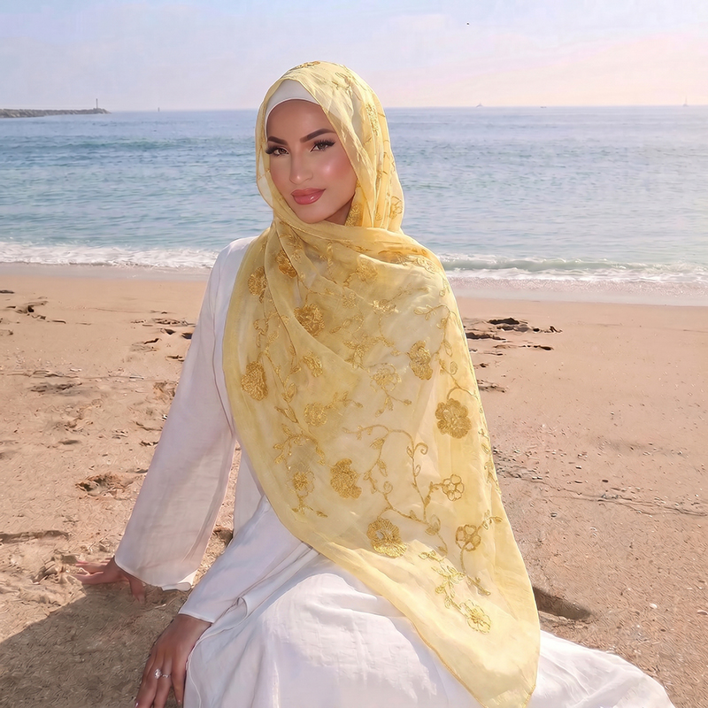 Floral Embroidery Muslim Hijab - Women Fashion Wear 评论和价格