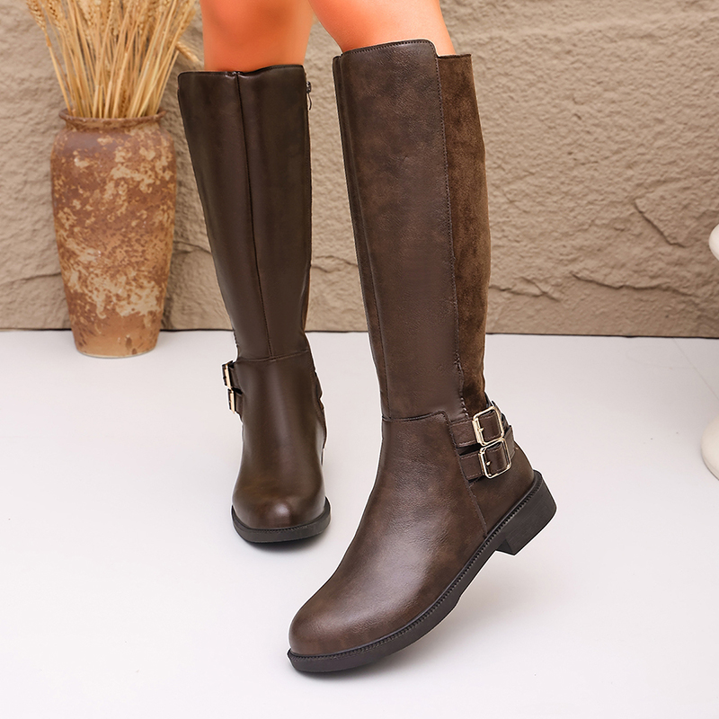 Fashion Buckle Brown Pu Leathe - Women'S Fashion Leather Boots 评论和价格