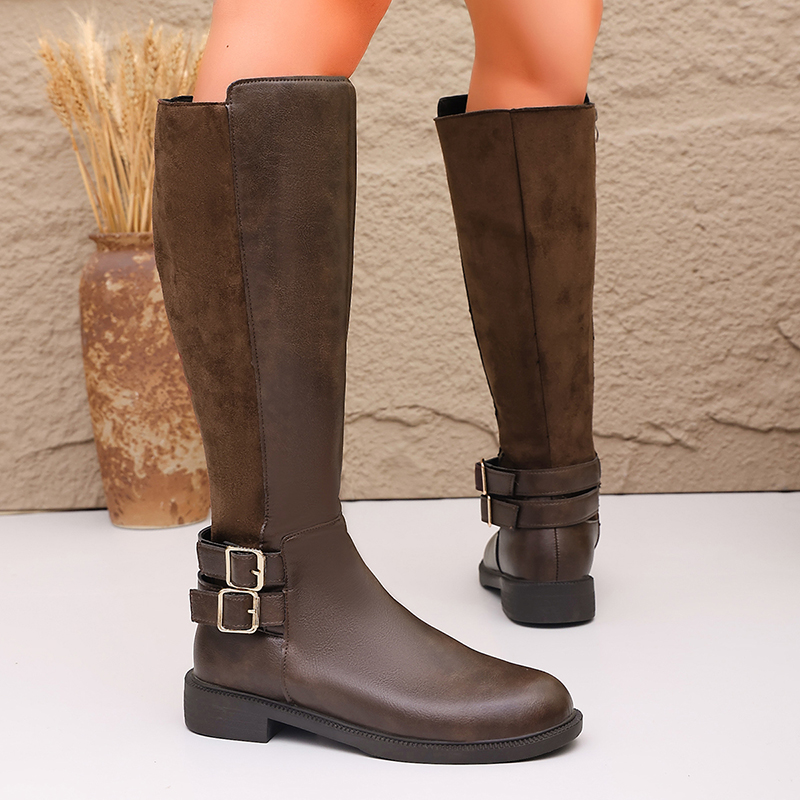 Fashion Buckle Brown Pu Leathe - Women'S Fashion Leather Boots 评论和价格