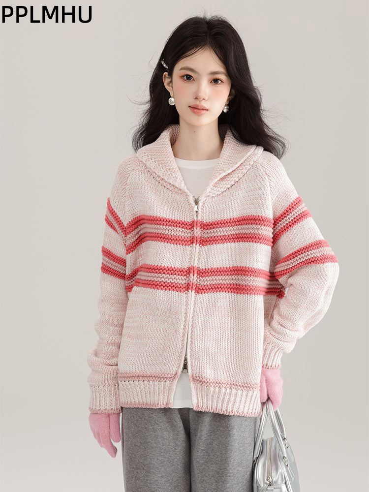 Turn-Down Collar Striped Knitt - Women'S Fashion Gilet 评论和价格