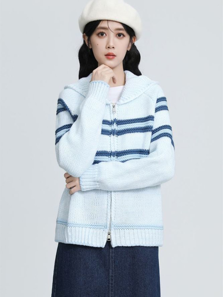 Turn-Down Collar Striped Knitt - Women'S Fashion Gilet 评论和价格