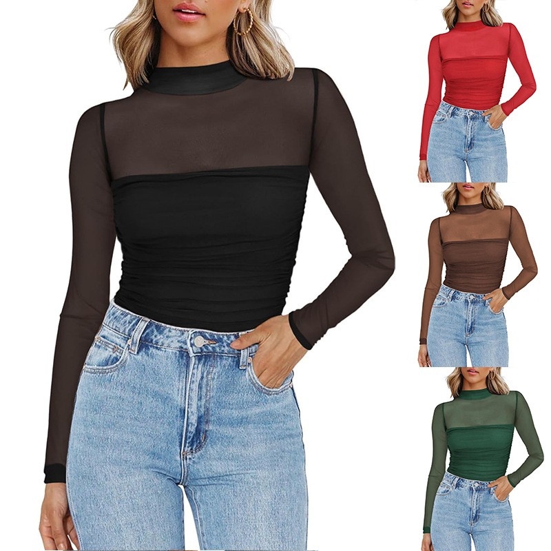 Women's Solid Color Sheer Mesh - Women Fashion Blouse 评论和价格
