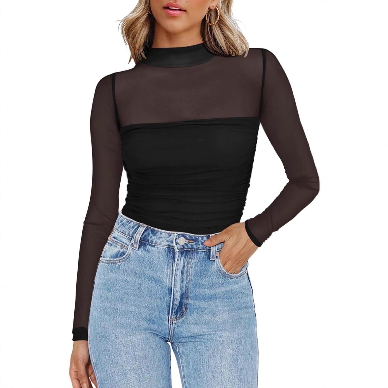 Women's Solid Color Sheer Mesh - Women Fashion Blouse 评论和价格