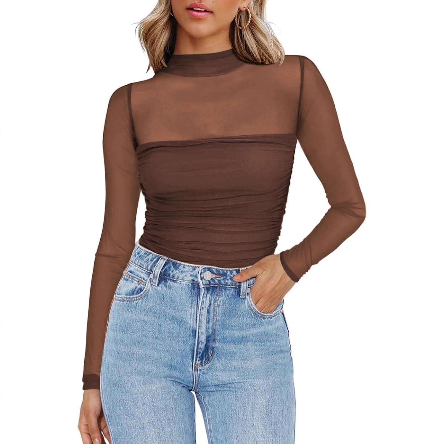 Women's Solid Color Sheer Mesh - Women Fashion Blouse 评论和价格