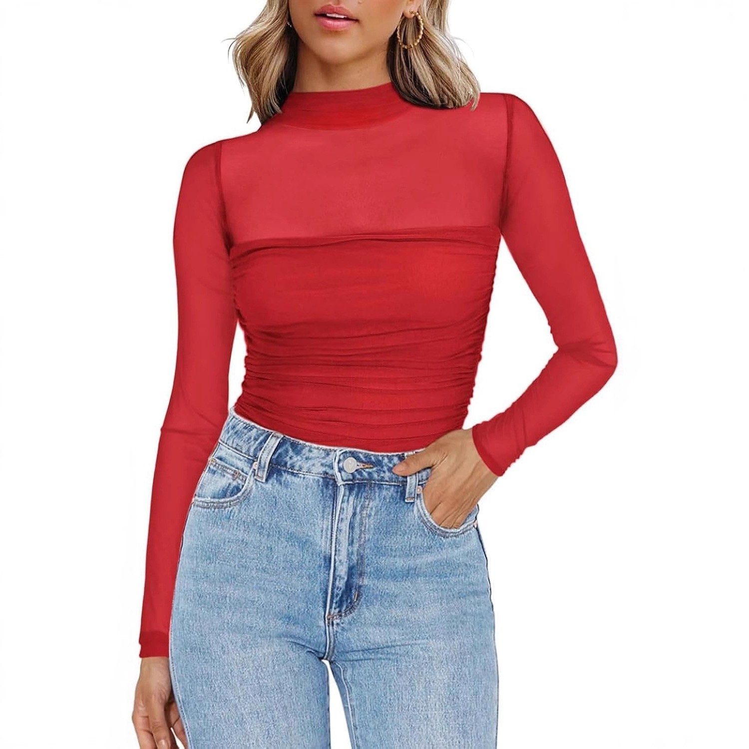 Women's Solid Color Sheer Mesh - Women Fashion Blouse 评论和价格